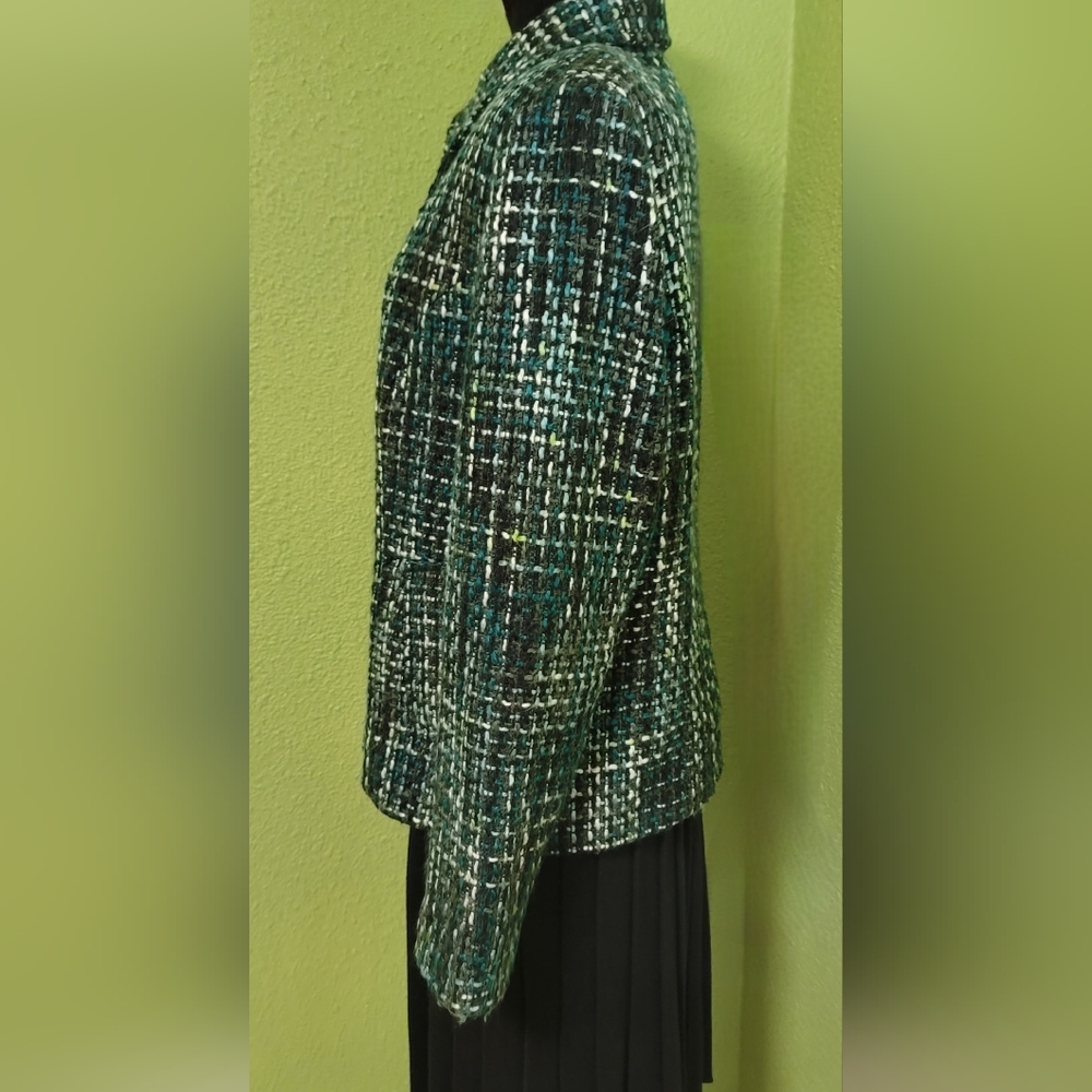 Vintage JM Collection Women's Tweed Plaid Pattern Jacket Teal,Blk, White Sz 12 - Picture 5 of 12